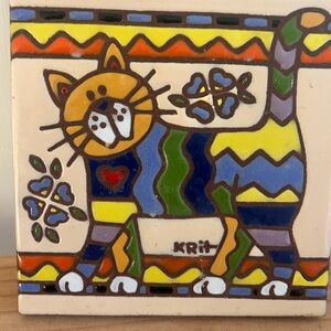 Earthtones Cat with  Ceramic Art Tile Trivet